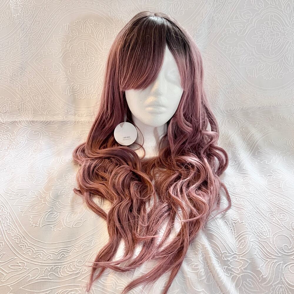 Long Wavy Rose Pink Dark Roots Ombre Balayage Everyday Cosplay Wig NEW